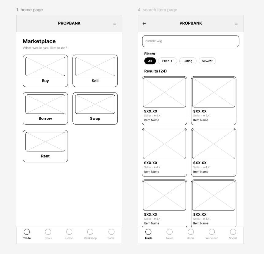 Landing & Search Page mid-fi wireframe