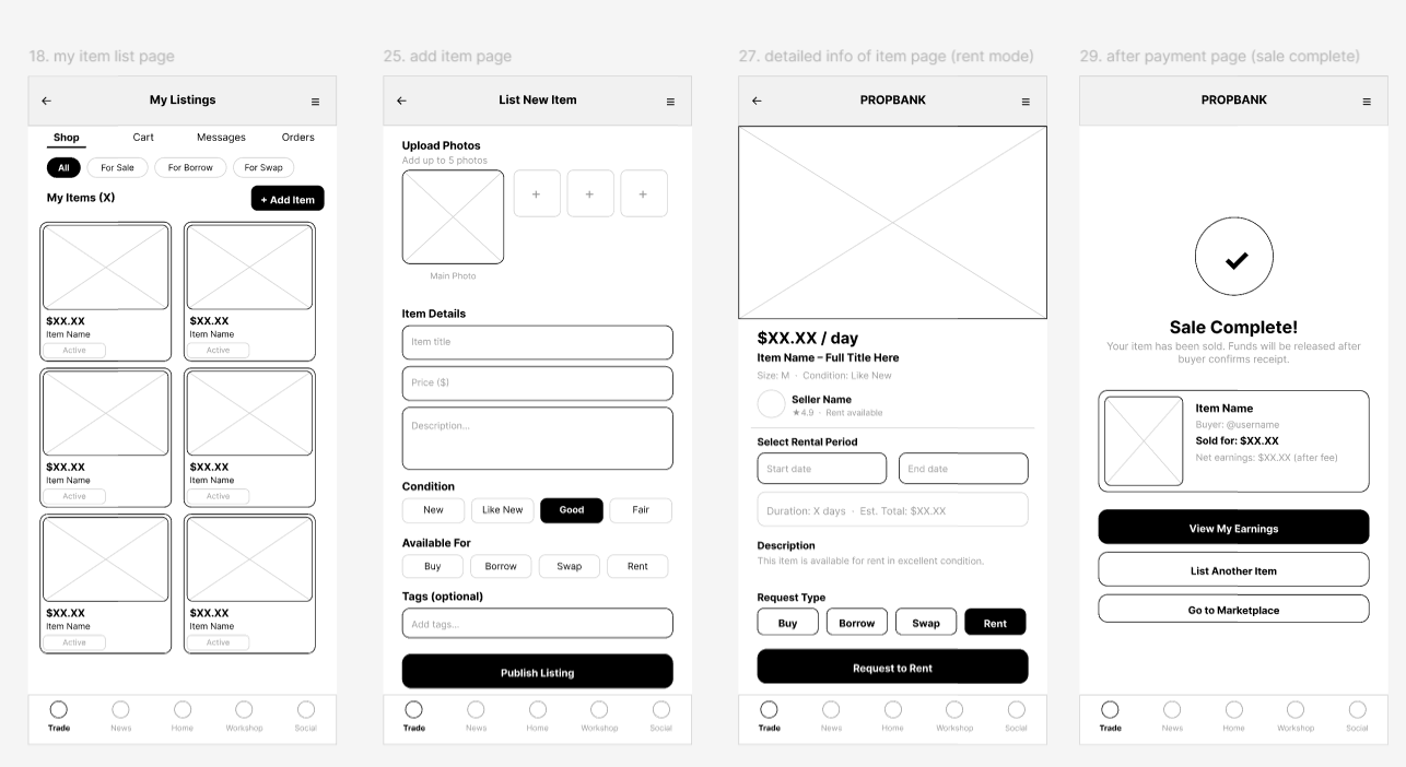 Sell & Rent mid-fi wireframe