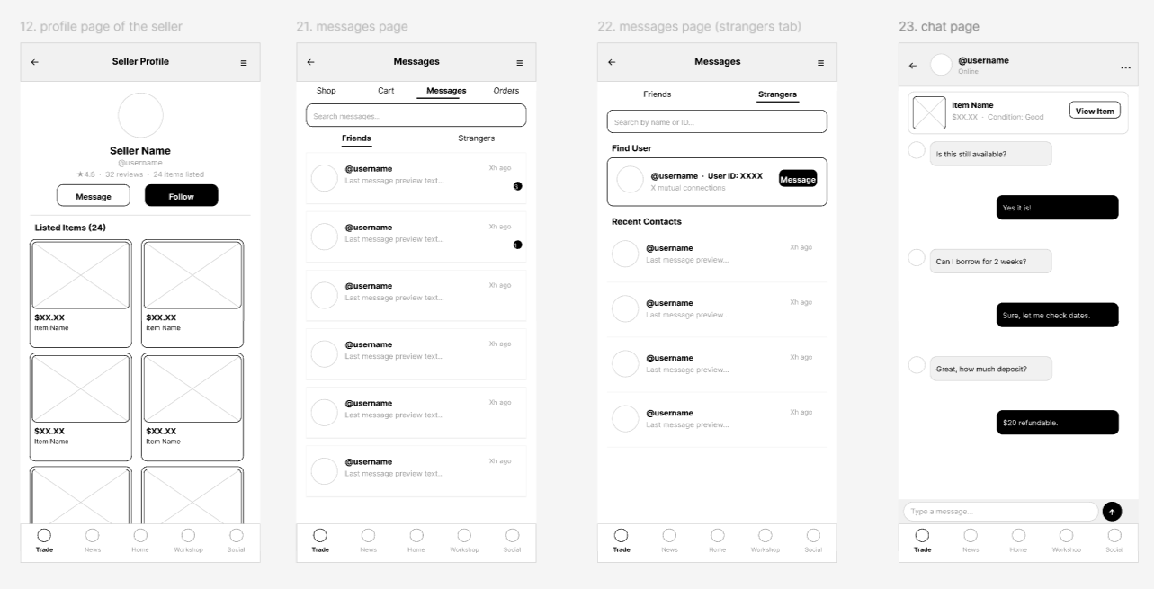 Seller Profile, Contacts & Chat mid-fi wireframe
